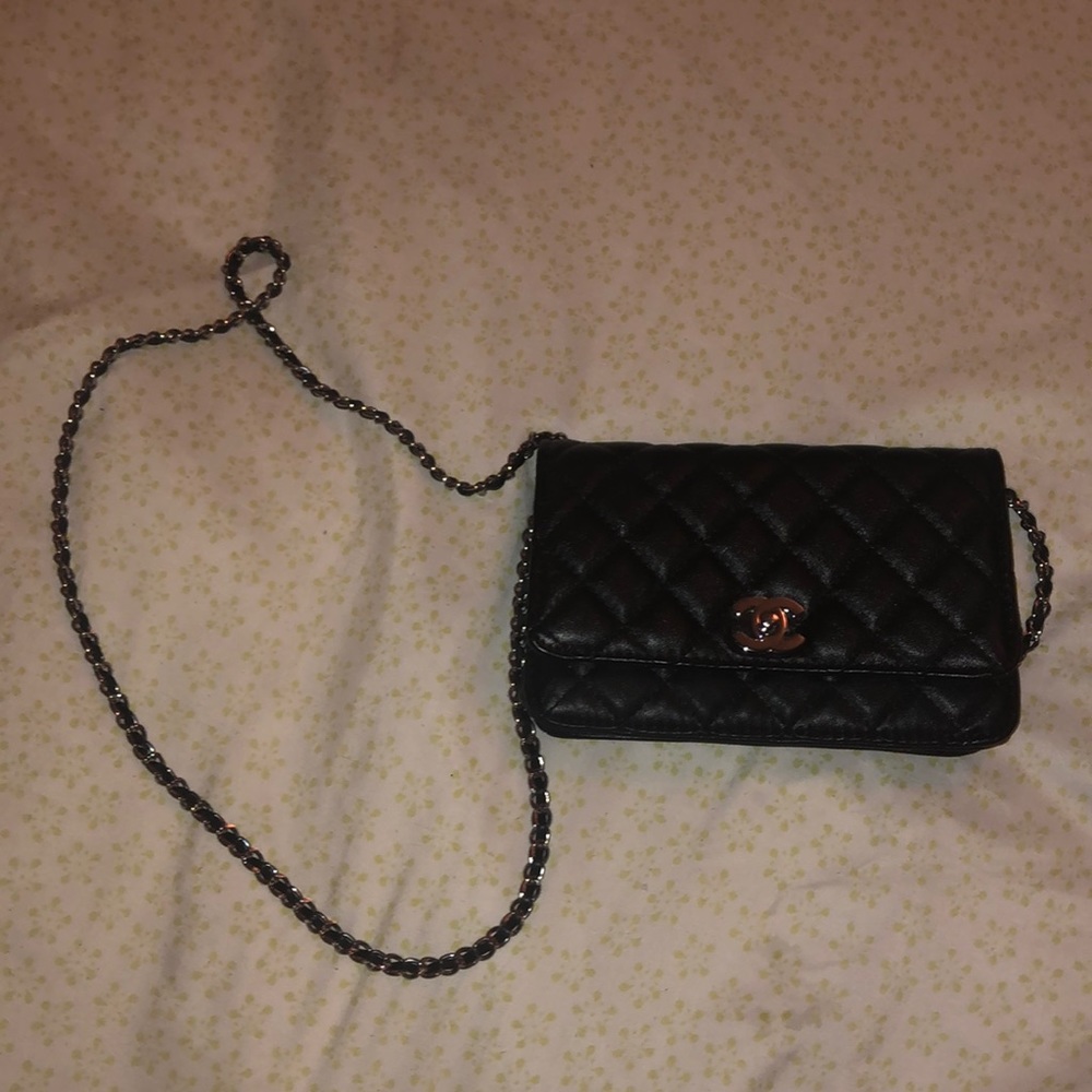 black/silver over the shoulder quilted purse/bag